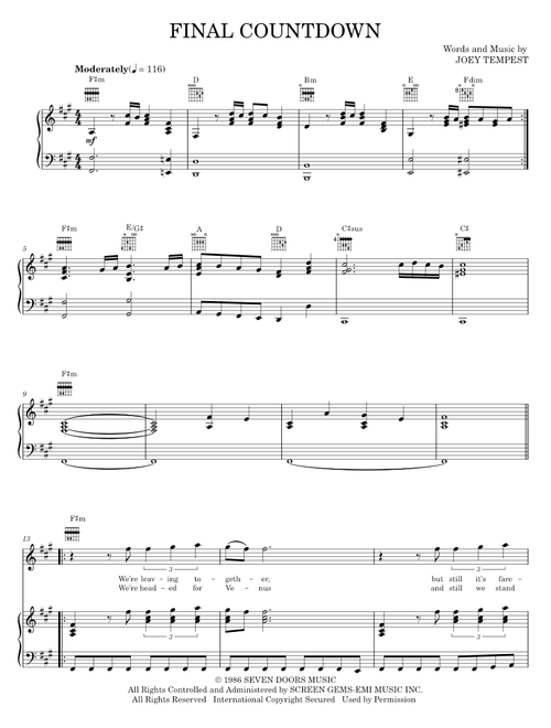 Final Countdown - Europe, Rock Of Ages Musical (Piano-Vocal-Guitar)