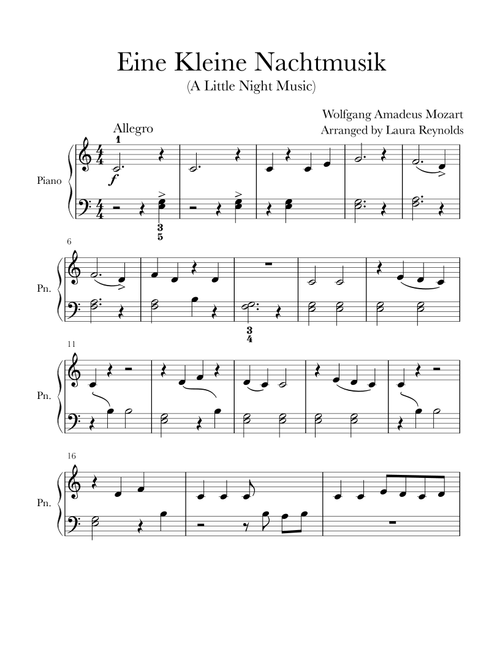 Eine Kleine Nachtmusik (A Little Night Music) - Elementary Level (Arr. Laura Reynolds) - Wolfgang Amadeus Mozart (Easy Piano)