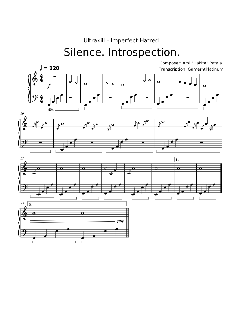 Silence Introspection Arsi Hakita Patala Ultrakill Act 2 Sheet Music For Piano Solo 