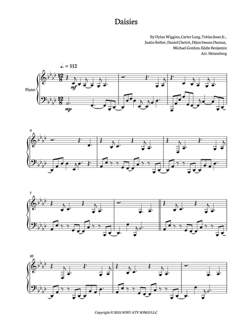 Daisies (Arr. Heisenberg) - Justin Bieber (Piano Solo) sheet music arranged by ArrangeMe for Solo
