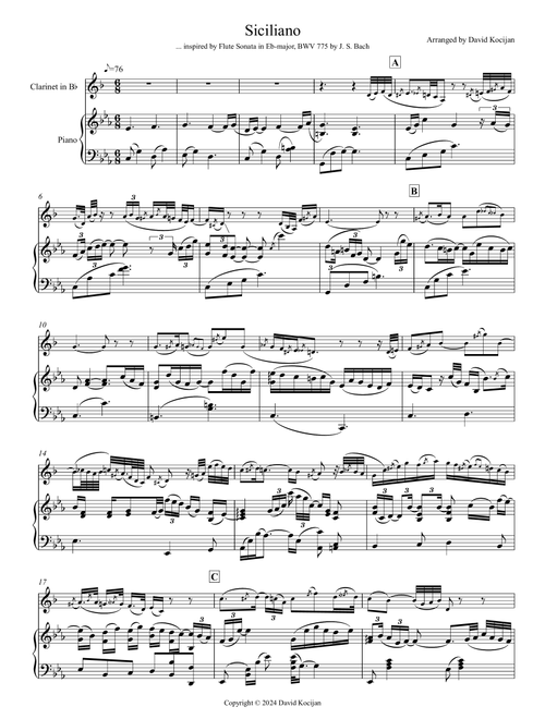 Bach: Siciliano from Flute Sonata in Eb-major (clarinet & piano) (Arr. David Kocijan) (Clarinet and Piano)