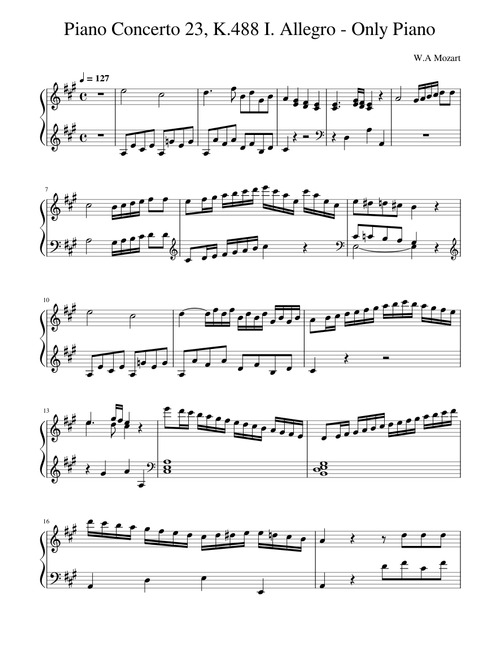 Piano Concerto No.23 in A major, K.488 – Wolfgang Amadeus Mozart 1 mov Piano Concerto 23 K488 - Only Piano