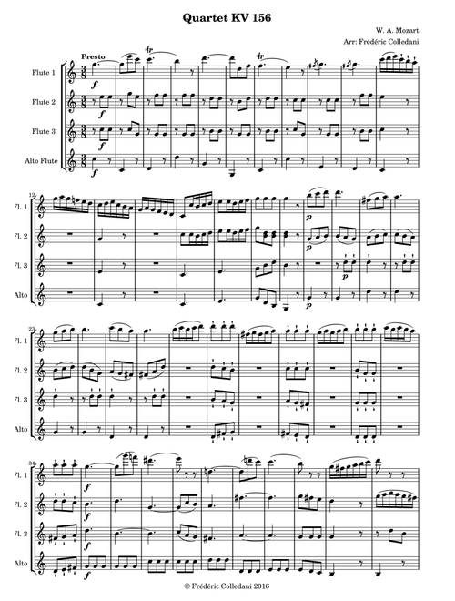 Mozart - Quartet KV 156 - Presto - version for Flute Quartet or Flute Choir (Arr. Frédéric Colledani) - Wolfgang Amadeus Mozart (Woodwind Ensemble)