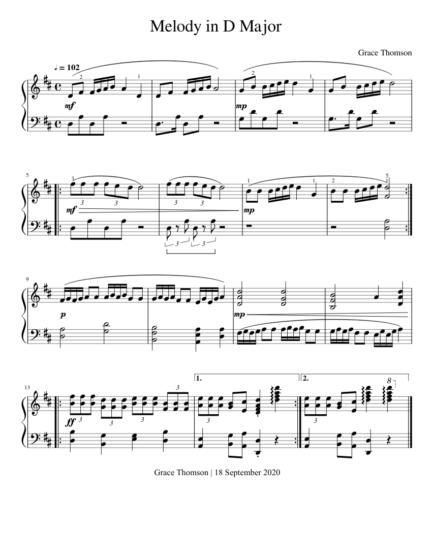 Melody in D Major Sheet Music for Piano (Solo) | MuseScore.com