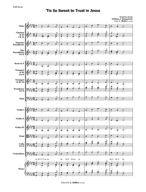 'Tis So Sweet to Trust in Jesus - for Beginner Orchestra - in Ab Major with chords (Arr. L. Müller) - William J Kirkpatrick (Large Ensemble)