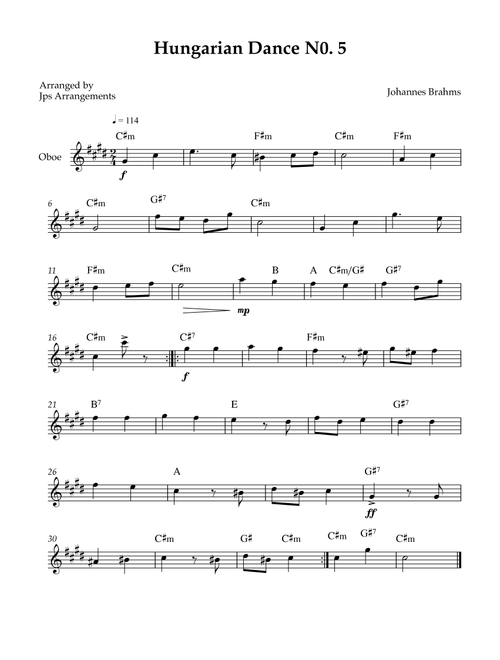 Hungarian Dance No. 5 for Oboe - key of C#m (Arr. Jps Arrangements) - Johannes Brahms (Oboe Solo)