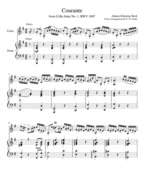 Courante from Cello Suite No. 1 BWV 1007 by J. S. Bach, transcription for Violin and Piano [in original key]