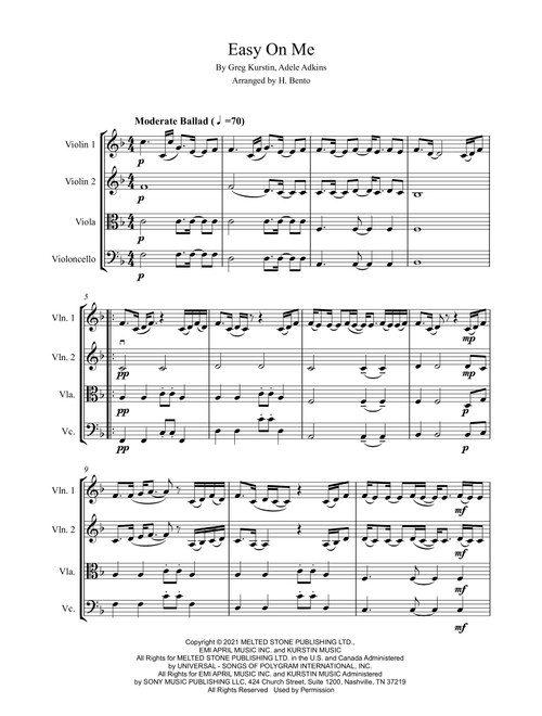 Easy On Me (Arr. H. Bento) - Adele (String Quartet)