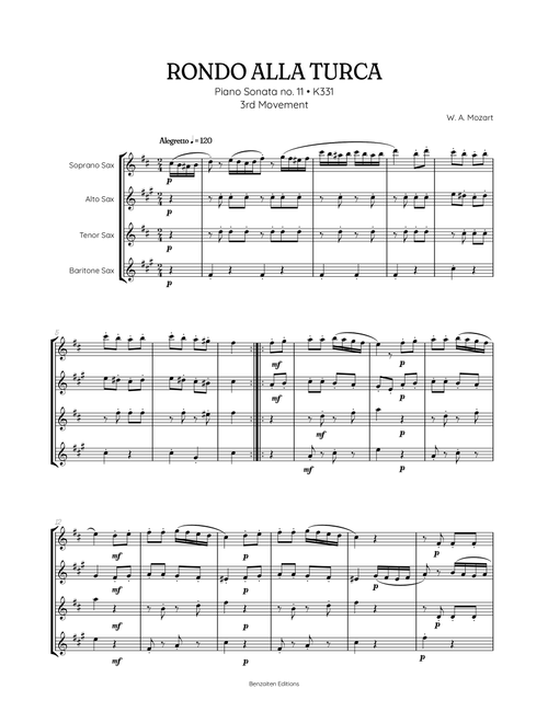 Rondo Alla Turca (Turkish March) | Sax Quartet Sheet Music (Arr. Benzaiten Editions) - Wolfgang Amadeus Mozart (Woodwind Ensemble)