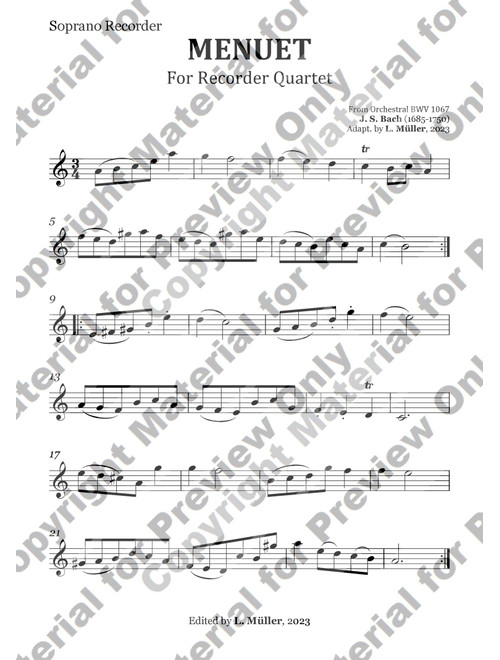 Menuet BWV 1067 - For Recorder Quartet (Arr. L. Müller) - Bach (Recorder Ensemble)