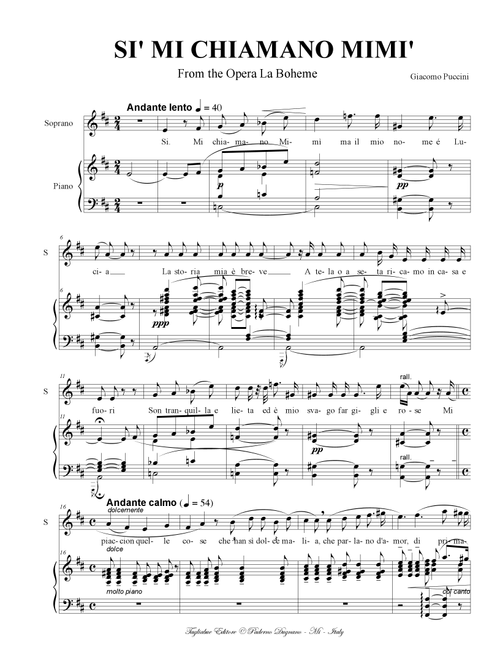 SI'. MI CHIAMANO MIMI'. G. Puccini. From La Boheme. For Soprano and Piano. (Arr. Renato Tagliabue) (Piano Vocal)
