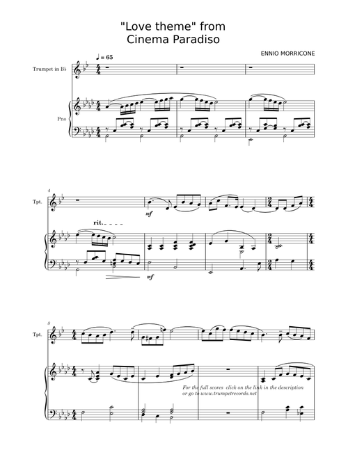 "Love theme" from Cinema Paradiso (Trumpet Solo with Piano Accompaniment PDF Scores)
