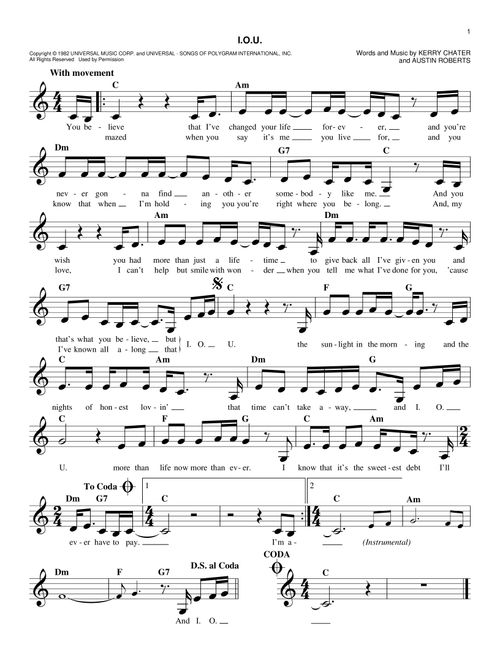 I.O.U. - Lee Greenwood (Easy Lead Sheet - Fake Book)