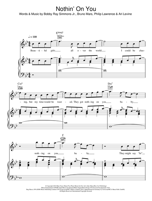 Nothin' On You - BoB featuring Bruno Mars (Piano-Vocal-Guitar (Piano Accompaniment))