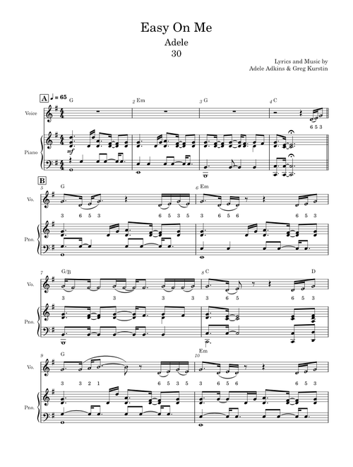 Easy On Me – Adele - Leadsheet- Soprano Recorder