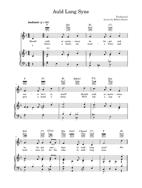 Auld Lang Syne - Robert Burns, Traditional (Piano-Vocal-Guitar (Piano Accompaniment))
