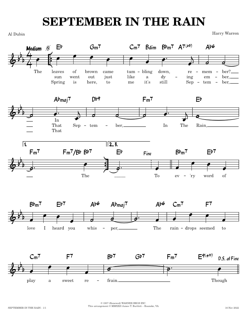 September In the Rain [lead sheet] Harry Warren, Al Dubin Sheet music