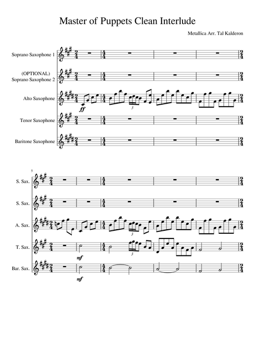 Master of Puppets Clean Interlude Sax Quintet/Quartet