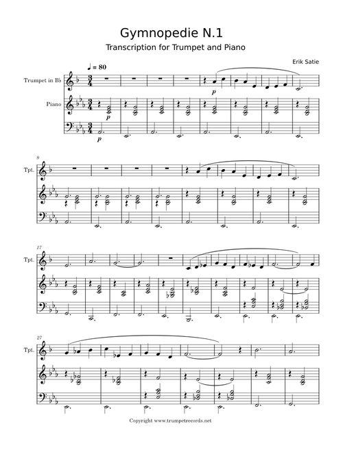 Eric Satie - Gymnopedie N.1 - Transcription for Trumpet and Piano Accompaniment PDF SCORES