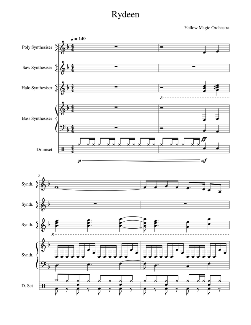 YMO YELLOW MAGIC ORCHESTRA　Piano Solos Rydeen - Yellow Magic Orchestra Sheet Music for Bass guitar