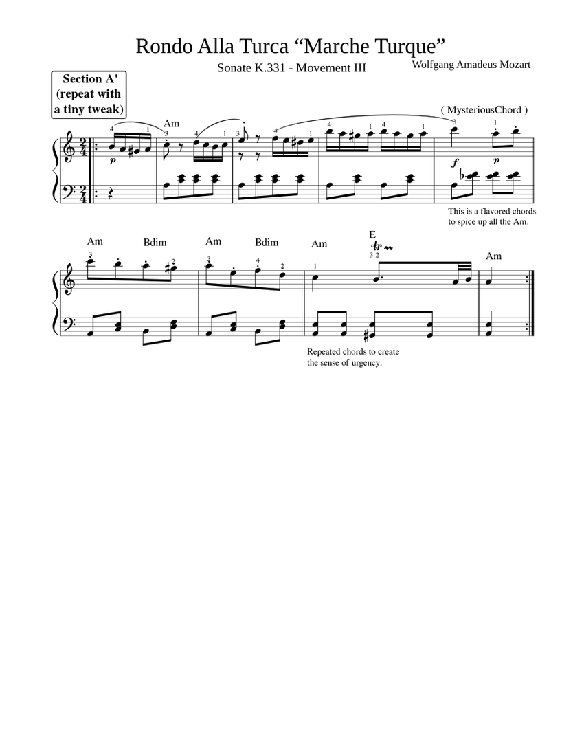 Turkish March Mozart Section A return fingered Sheet music