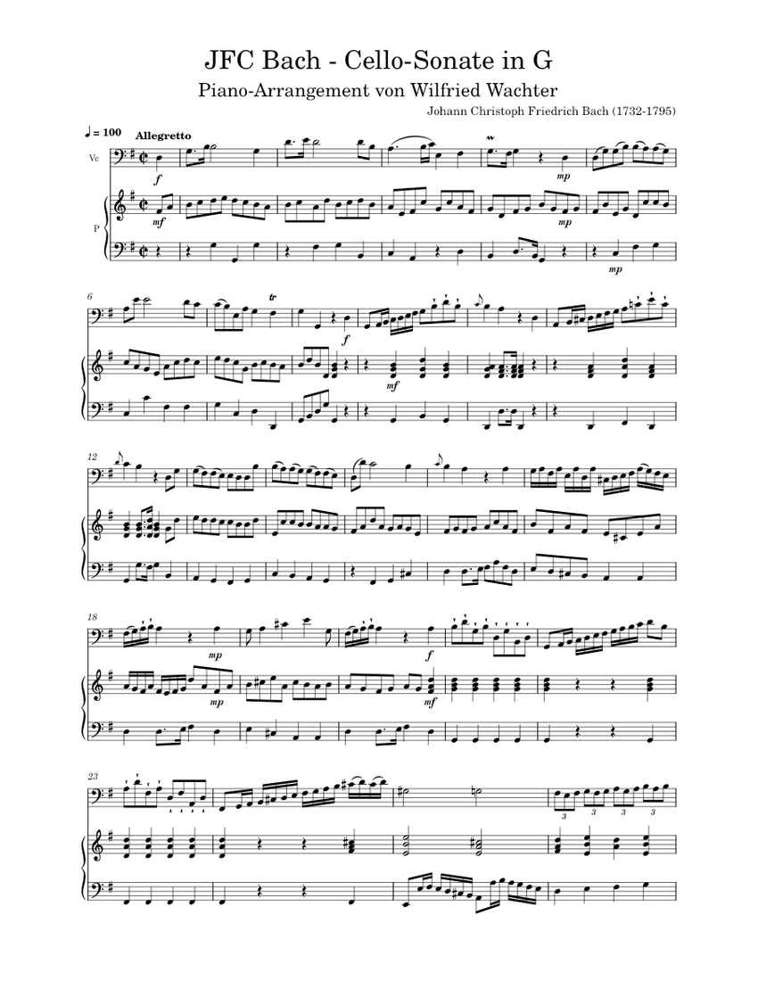 JFC Bach - Cello-Sonate in G Sheet Music for Piano, Cello (Solo