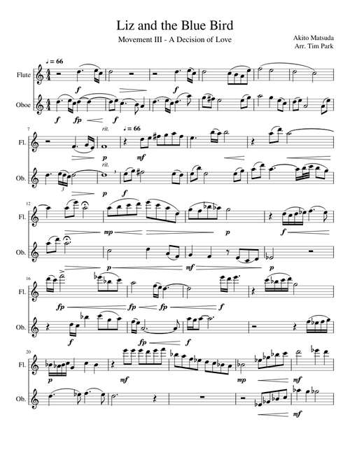Liz and the Blue Bird duet arrangement (Movement III)