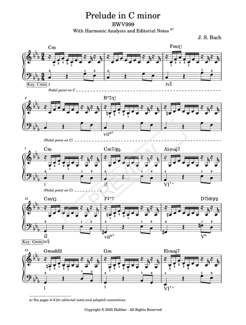 Prelude in C minor BWV 999 with Harmonic Analysis and Chord Notation (Arr. Haltber) - Johann Sebastian Bach (Piano Solo)