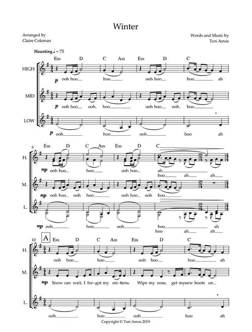 Winter (Arr. Claire Coleman) - Tori Amos (Choral, SAA)