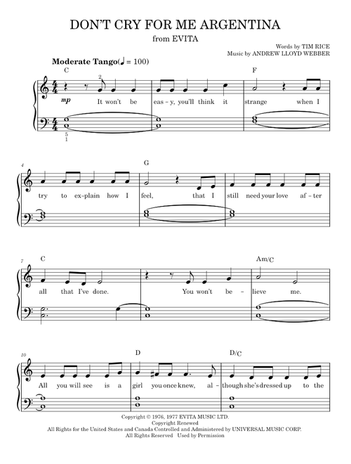 Don't Cry For Me Argentina - Madonna (Easy Piano)
