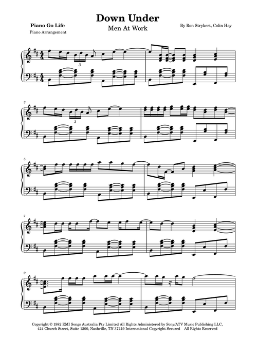 Down Under (Arr. Piano Go Life) - Men At Work (Piano Solo)