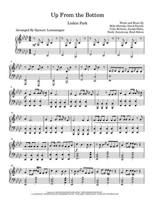 Up From The Bottom (Arr. Spencer Lamontagne) - David Farrell, Brad Delson, Mike Shinoda (Piano Solo)