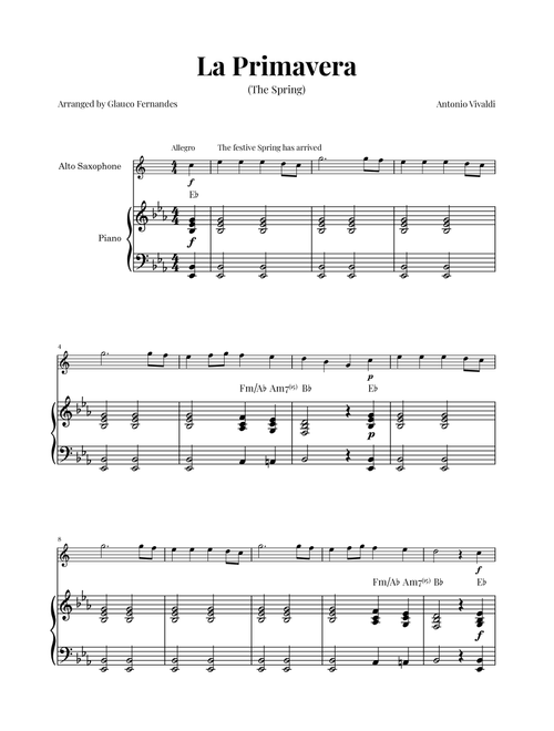 La Primavera (The Spring) by Vivaldi - Alto Saxophone and Piano with Chord Notations (Arr. Glauco Fernandes) - Antonio Vivaldi (Alto Sax and Piano)