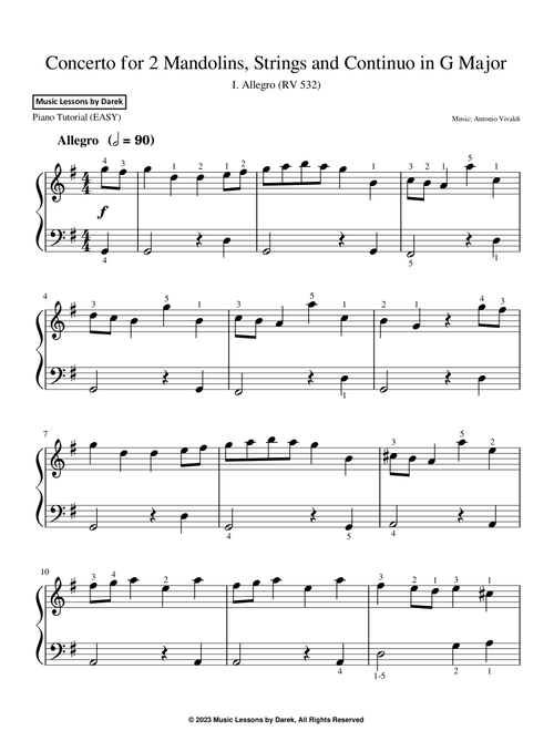 Concerto for 2 Mandolins, Strings and Continuo in G Major (EASY PIANO) I. Allegro (RV 532) [Vivaldi] (Arr. Darek) - Antonio Vivaldi (Easy Piano)