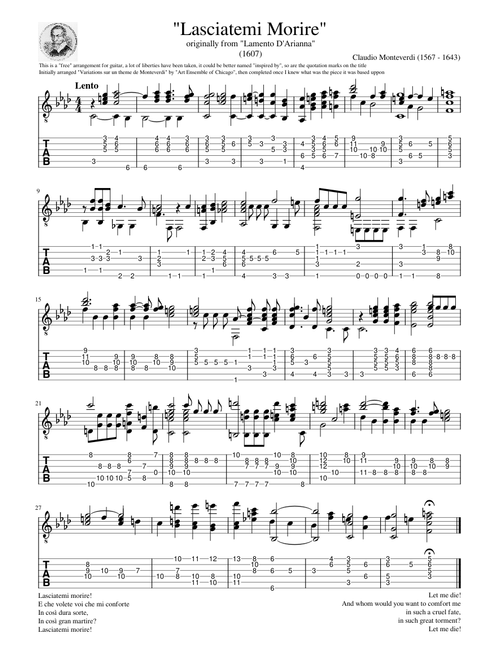 Lasciatemi Morire - Solo Guitar arr.