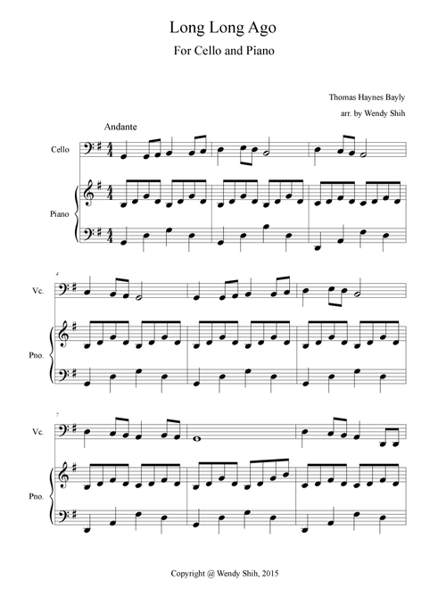 Long Long Ago Cello and Piano (Arr. Wendy Shih) - Thomas H. Bayly (Instrumental Solo (with Piano Accompaniment))