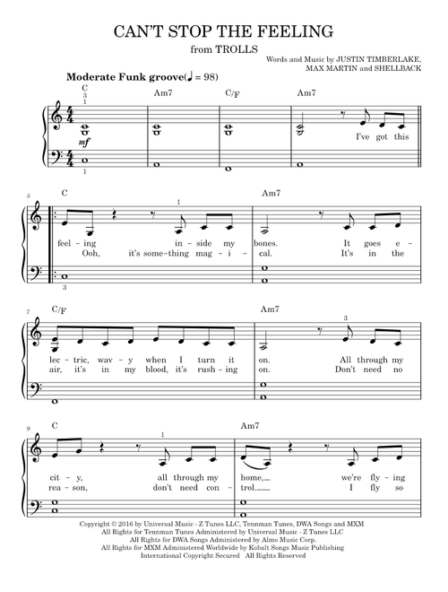 Can't Stop The Feeling - Justin Timberlake (Easy Piano)