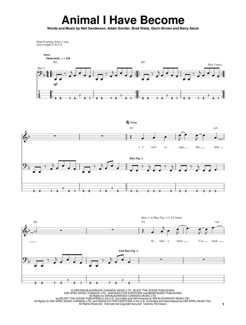 Animal I Have Become - Three Days Grace (Bass Tab)