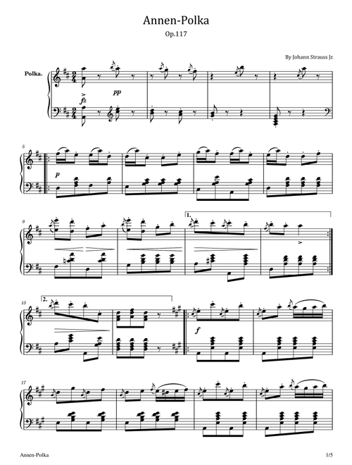 Annen-Polka - Op.117 – Johann Strauss Jr. - For Piano Solo Original (Arr. poon) (Piano Solo)
