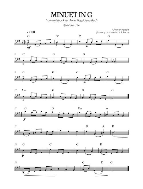 Petzold (Bach) Minuet in G BWV Anh 114 | violoncello solo (with chords) (Arr. Benzaiten Editions) - Christian Petzold, Johann Sebastian Bach (Cello Solo)