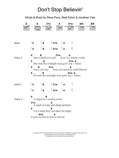 Don't Stop Believin' - Journey, Glee Cast (Guitar Chords-Lyrics)