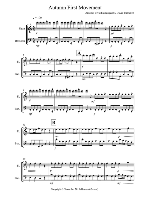 Autumn "Four Seasons" for Flute and Bassoon Duet (Arr. David Burndrett) - Antonio Vivaldi (Instrumental Duet)