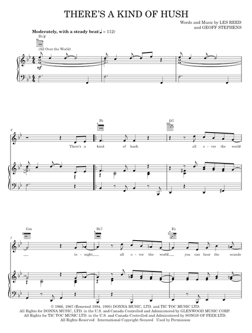 There's A Kind Of Hush (All Over The World) - Carpenters, Herman's Hermits (Piano-Vocal-Guitar)