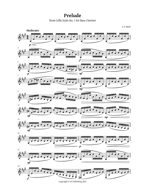 Bach Cello Suite 1 Prelude - Bass Clarinet (Arr. GS Publishing) (Instrumental Solo)