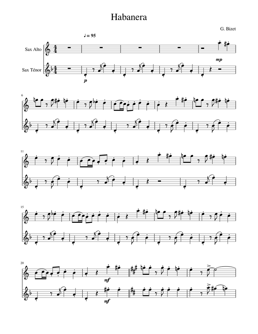 Habanera Sheet music for Saxophone alto, Saxophone tenor (Woodwind Duet