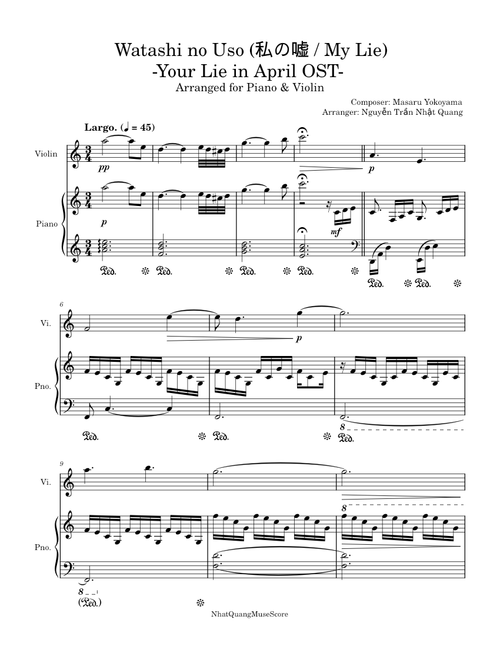 Watashi no Uso (私の嘘 / My Lie) - Your Lie In April (Piano & Violin)