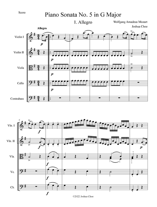 Piano Sonata No. 5 in G Major, Movement 1 (Arr. Joshua Choe) - Wolfgang Amadeus Mozart (Orchestra)