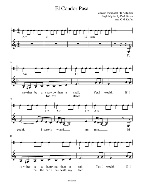 El Condor Pasa - lead sheet with suggested strumming pattern and YouTube backing track (Arr. Christy Kalfas) - Peruvian Traditional (Robles/Simon) (Small Ensemble)