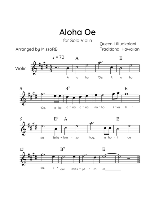 Aloha Oe - Solo Violin in E Major Easy With Lyrics & Chords (Arr. MissoRB) - Queen Liliʻuokalani (Violin Solo)