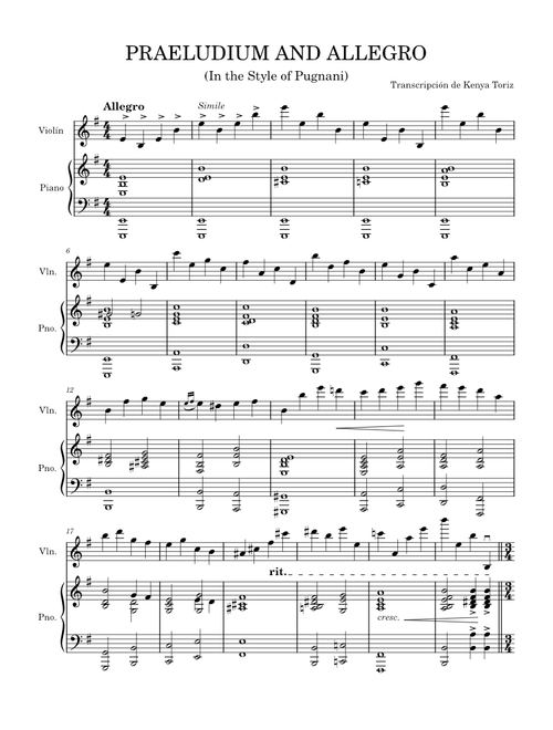 Praeludium and Allegro in the Style of Pugnani – Fritz Kreisler PRAELUDIUM AND ALLEGRO  - Transcripción Kenya Toriz